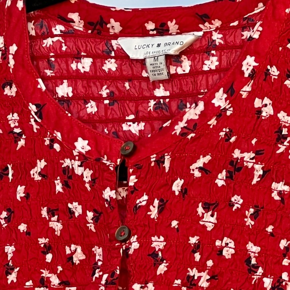 Lucky Brand Women’s Printed Smocked Peasant Blouse, size Medium, in red floral - Picture 2 of 4